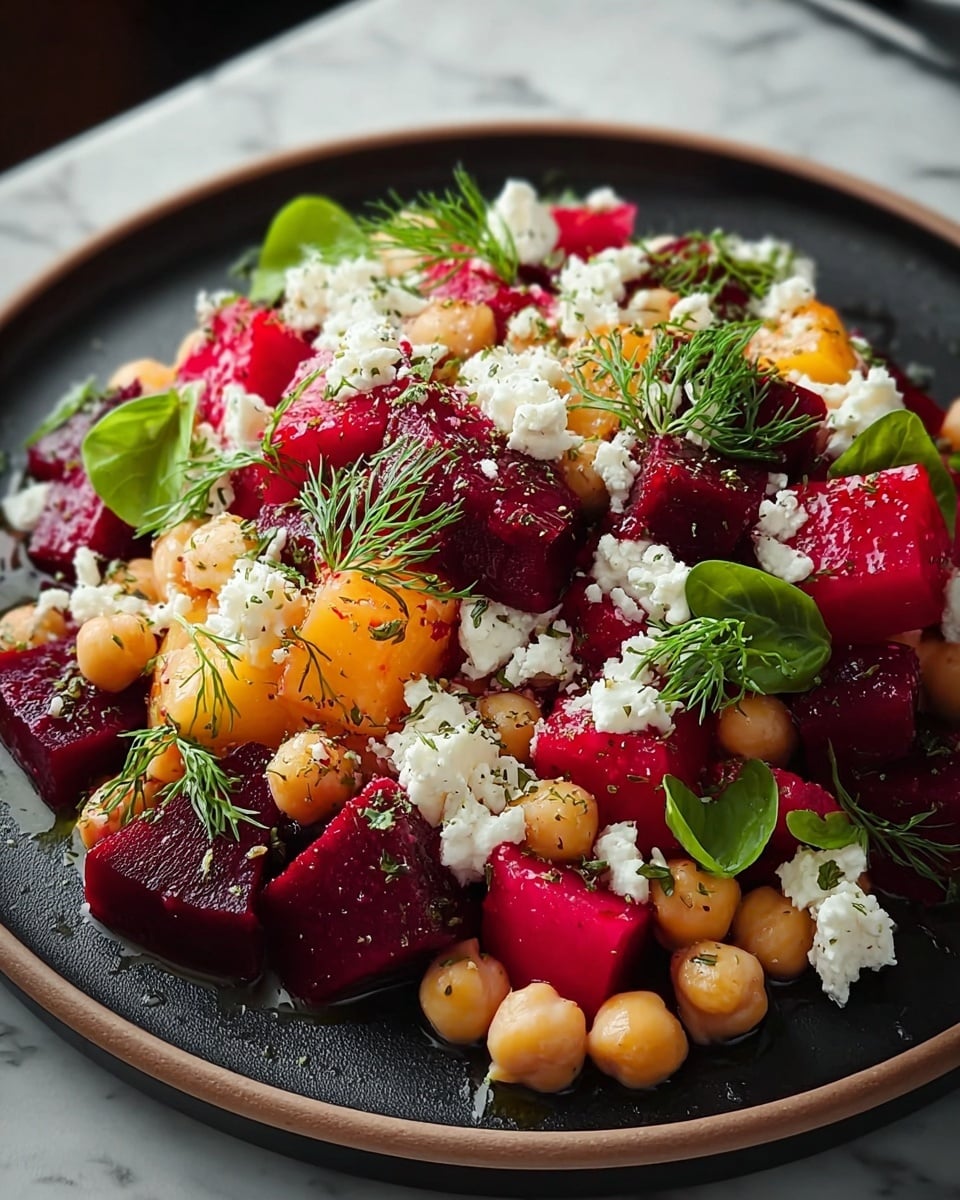 A close-up image of a colorful salad served on a dark round plate placed on a white marbled surface. The salad has three main layers: bright red beet cubes, light yellow chickpeas, and white crumbled cheese scattered unevenly on top. Fresh green herbs, including dill sprigs and small basil leaves, are sprinkled over the salad, adding a fresh touch of color. The beet cubes have a shiny, moist texture, chickpeas look smooth and soft, while the cheese is crumbly. The salad appears lightly dressed with a slight glisten of olive oil. Photo taken with an iphone --ar 4:5 --v 7