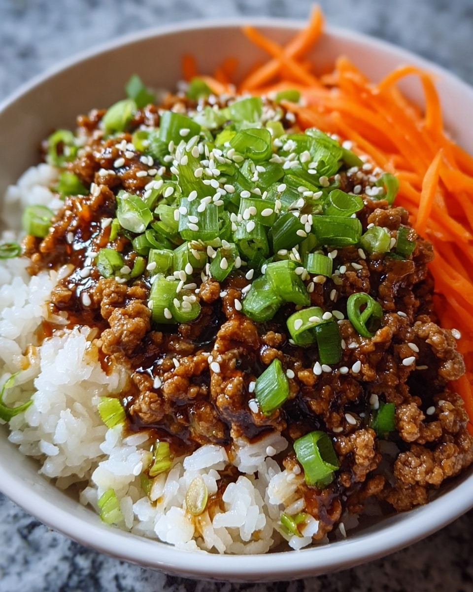 A white bowl filled with three main layers: the bottom layer is white cooked rice with some small green onion pieces mixed in, the middle layer is cooked ground meat coated in a glossy dark brown sauce, and the top layer is a generous sprinkling of chopped green onions and white sesame seeds, with thin bright orange shredded carrots arranged along one side of the bowl. Photo taken with an iphone --ar 4:5 --v 7
