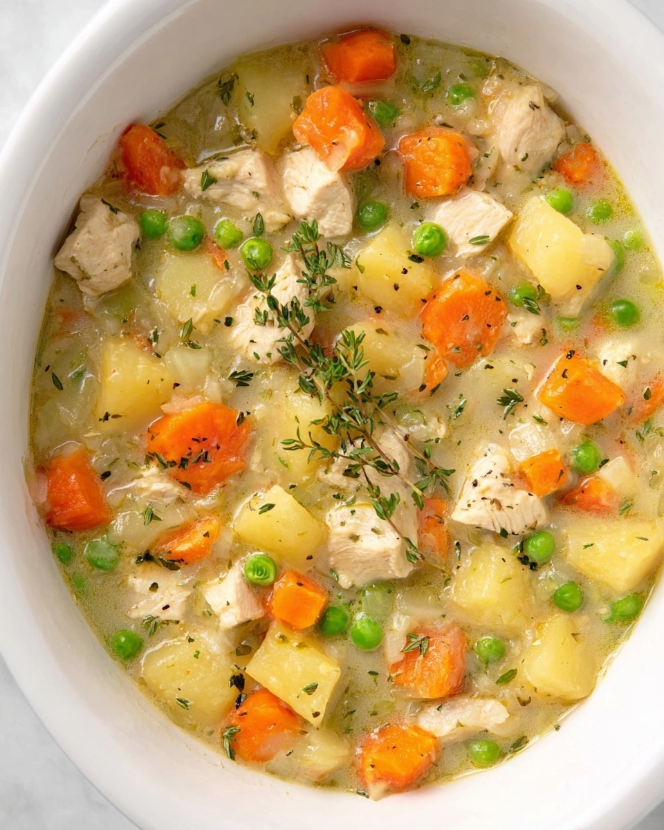 Two white bowls filled with chicken stew, showing chunks of cooked white chicken, bright orange carrot slices, green peas, and pieces of light yellow potato in a light broth. Each bowl has a mix of soft, chunky vegetables and meat, with small green herb leaves sprinkled on top and a sprig of fresh thyme. One bowl is held by a woman's hand wearing a cream sweater, while a spoon rests inside the other bowl. Around the bowls, there are thick slices of bread on a white marbled surface, two small white shakers, a small dish with finely chopped green herbs, and some loose thyme sprigs scattered nearby. Photo taken with an iphone --ar 4:5 --v 7