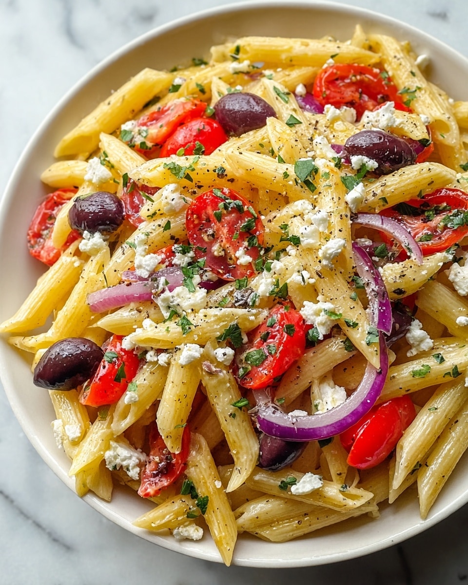 A white bowl filled with a colorful pasta salad sits on a white marbled texture surface and a green striped cloth. The salad has three main layers: the base layer is pale yellow spiral pasta, the middle layer includes bright red halved cherry tomatoes, dark purple olive halves, and chunks of green cucumber. On top, there are thin slices of purple onion, fresh dark green spinach leaves, and crumbled white feta cheese sprinkled with black pepper. A silver fork is placed inside the bowl on the left side, partially sinking into the salad. A wooden pepper grinder is visible in the background photo taken with an iphone --ar 4:5 --v 7