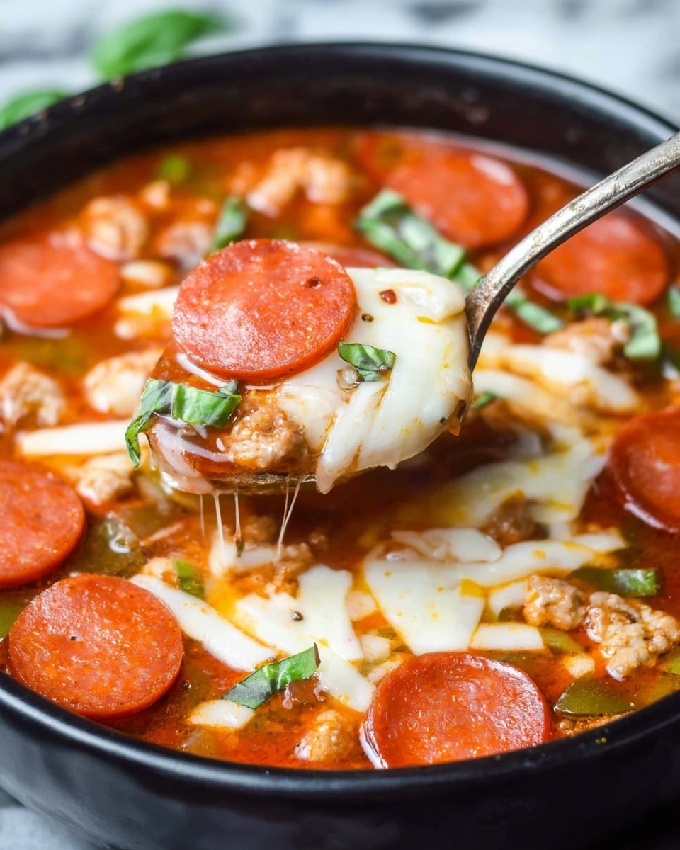 A close-up view of a black bowl filled with a vibrant pepperoni pizza soup, showing several layers: at the base, a rich red tomato broth with small bits of green bell pepper and herbs; on top, many slices of bright red pepperoni scattered evenly; mixed throughout, pieces of cooked ground sausage in light brown color; melting white mozzarella cheese draped over the meat and vegetables in soft, thick strands; garnished with small green basil leaves. A spoon holds a scoop of the soup with pepperoni and cheese lifting slightly above the bowl, all set against a white marbled texture background. Photo taken with an iphone --ar 4:5 --v 7