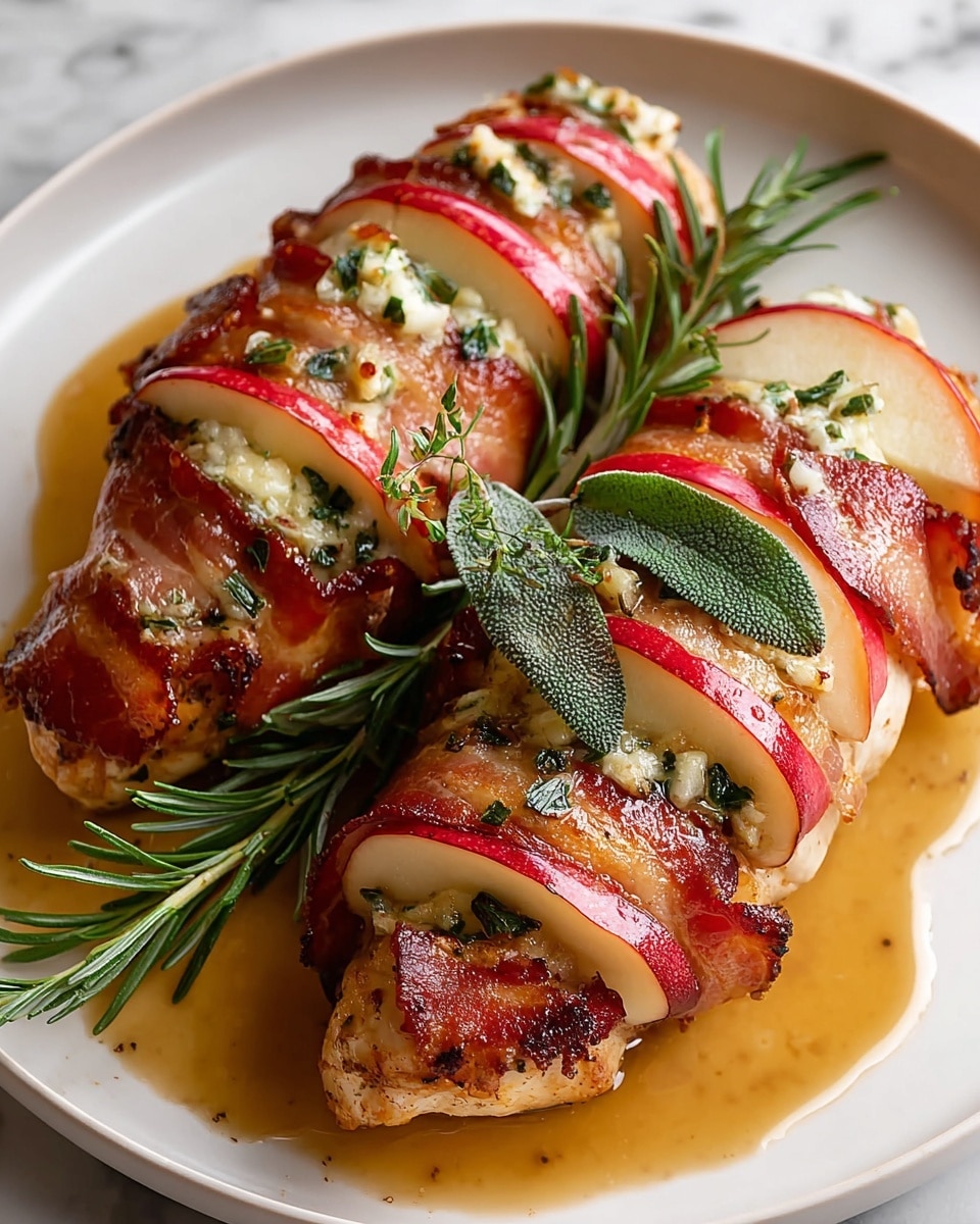 Two pieces of golden-brown grilled chicken breasts are wrapped in crispy, reddish-brown bacon and topped with three thin slices of red apple each, layered neatly in the middle. Green herbs and minced garlic are scattered on top of and between the apple slices, adding a textured look. Each chicken piece is finished with a fresh sage leaf, and a sprig of rosemary lies beside them on a white plate. The dish is served with a light brown sauce pooling around the chicken on a white marbled surface. Photo taken with an iphone --ar 4:5 --v 7