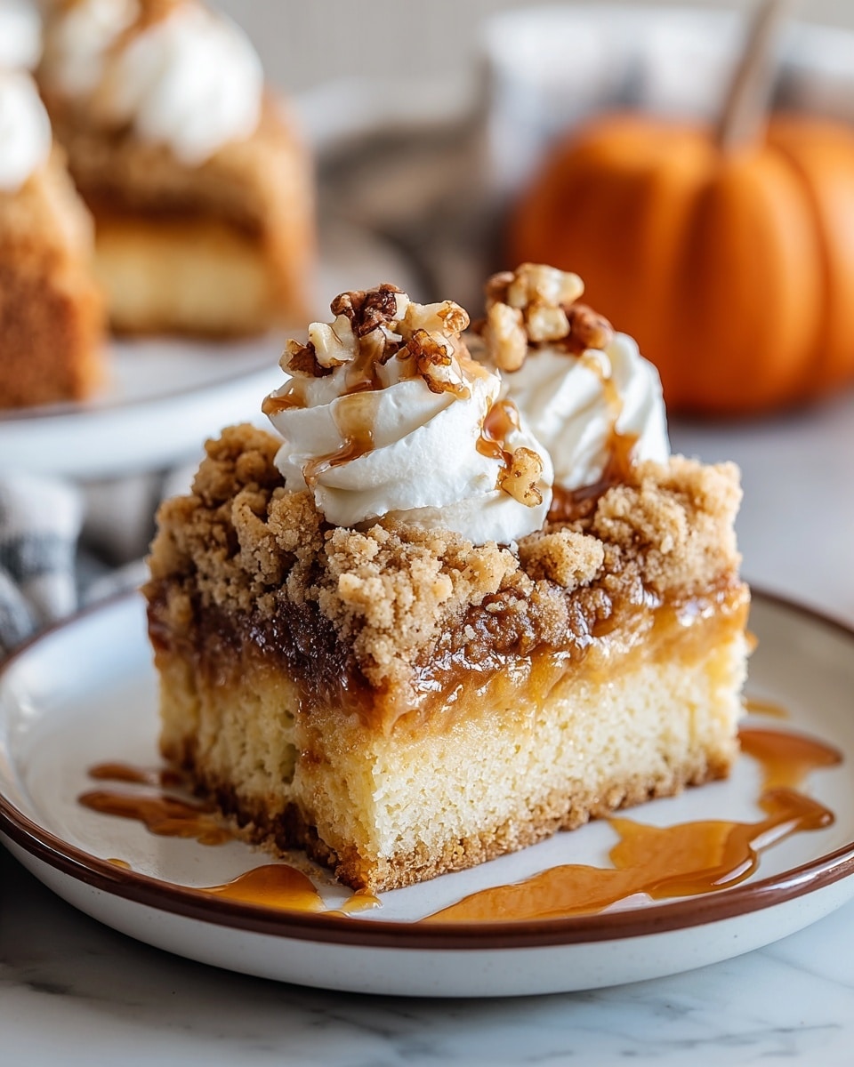 A square piece of crumb cake sits on a white plate with a thin brown rim, placed on a white marbled surface. The cake has three main layers: a bottom light golden cake layer, a middle thick gooey caramel or brown sugar layer, and a crumbly brown streusel topping. On top of the crumb layer, there are dollops of white whipped cream with a few pieces of brown toasted nuts sprinkled over. Caramel sauce is drizzled around the cake on the plate, adding shine and richness. In the background, another cake and a small orange pumpkin are softly blurred. Photo taken with an iphone --ar 4:5 --v 7
