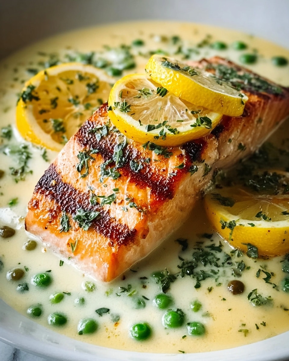 A close-up of a grilled salmon fillet with a crispy, golden-brown outer layer and visible grilled lines, resting in a creamy light-colored sauce that fills most of a white bowl. The sauce is dotted with small green peas and sprinkled with finely chopped dark green herbs. Three halved small lemons with bright yellow rind and juicy interior sit on and around the salmon, partially covered in sauce. The background is a soft, white marbled texture. Photo taken with an iphone --ar 4:5 --v 7