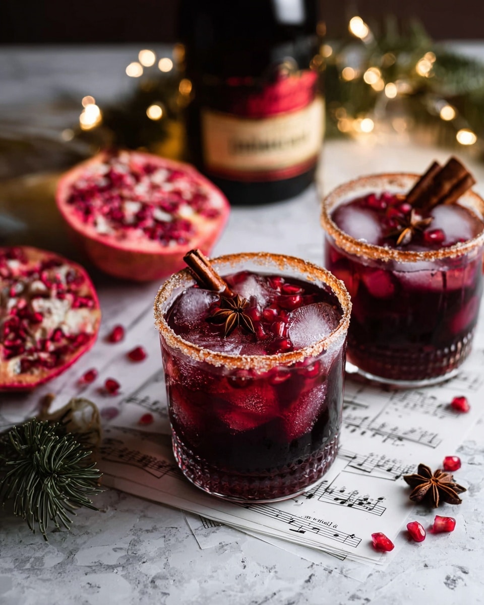 Two clear glasses filled with dark red liquid and ice cubes, each rimmed with a light brown sugar or spice layer; the top layers include bright red pomegranate seeds, a cinnamon stick standing upright, and a star anise resting on the ice. The glasses are placed on scattered music sheets on a white marbled surface. To the left, a bright pink pomegranate slice with visible seeds and a green pine branch add color contrast. In the background, a blurred dark bottle with a red and gold neck and warm yellow fairy lights create a cozy atmosphere. photo taken with an iphone --ar 4:5 --v 7