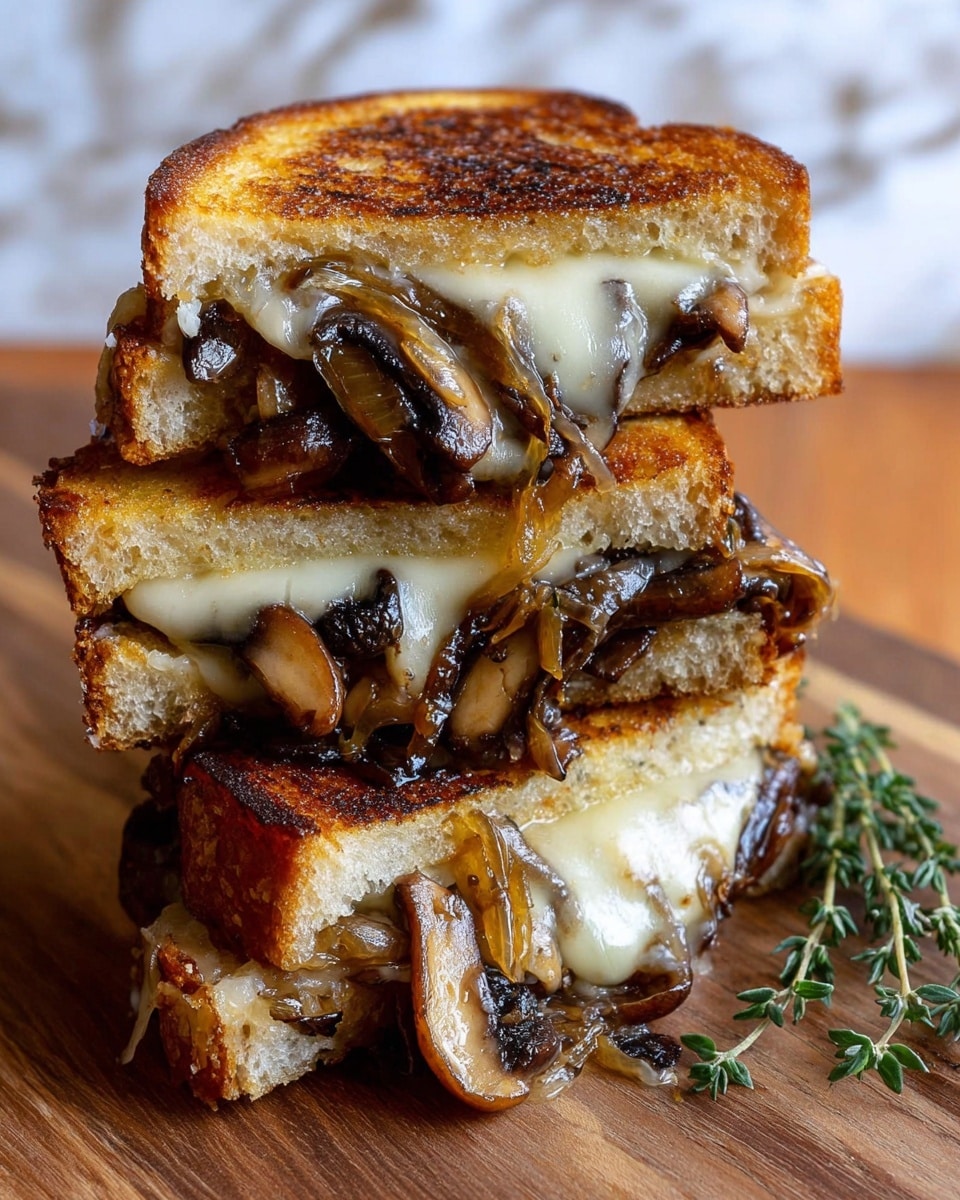 The image shows a stack of three grilled cheese sandwiches cut in half and piled on top of each other. Each sandwich has two golden brown grilled bread slices with a crispy texture and a slight sheen. Inside, there are layers of melted creamy cheese and sautéed dark brown mushrooms mixed with caramelized light brown onions, oozing out from the edges. The sandwiches sit on a wooden surface next to a small sprig of green herb. The background is blurred but features a warm tone with a white marbled texture underneath. photo taken with an iphone --ar 4:5 --v 7