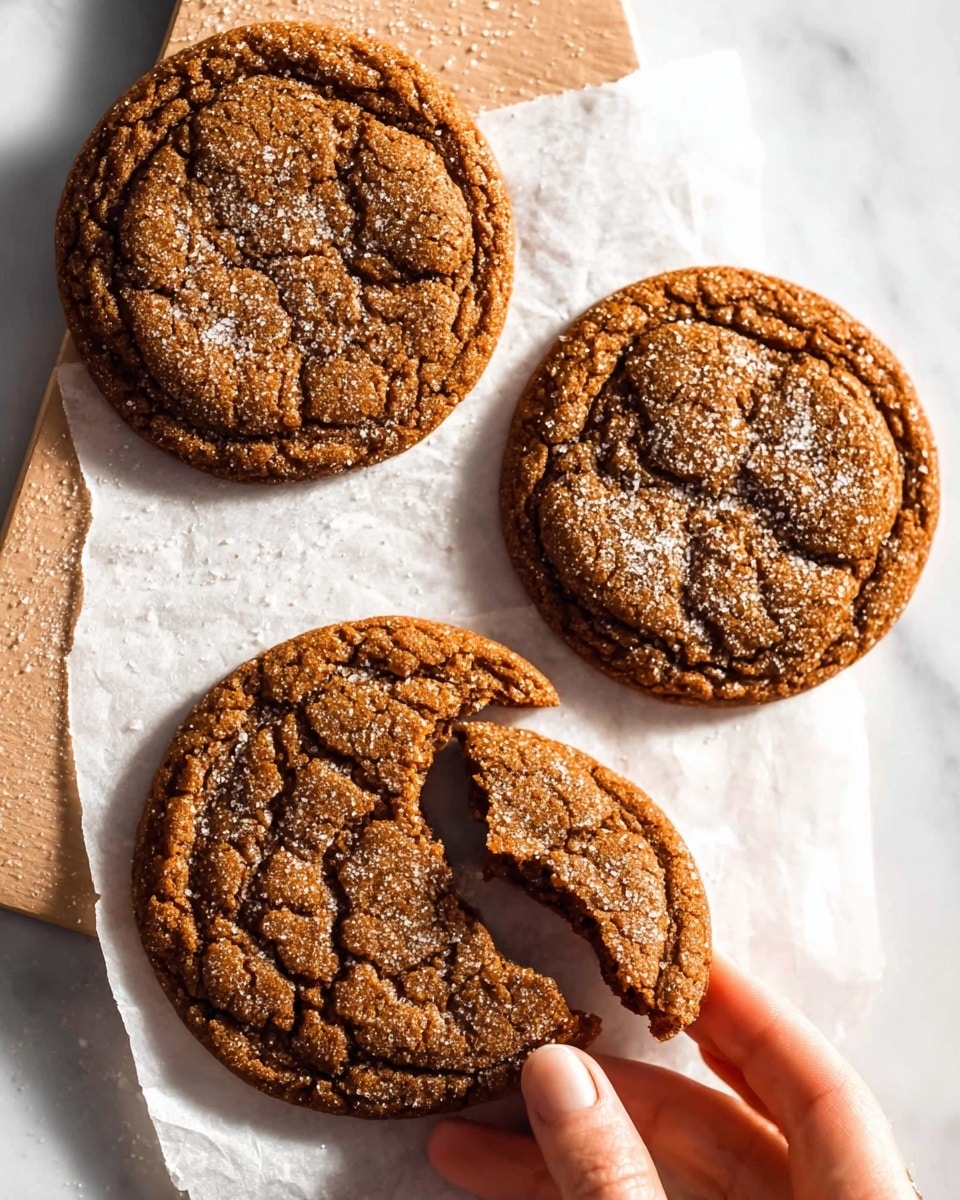 Three round cookies with a cracked and textured brown surface are laid on a white marbled surface covered partially with white parchment paper. The cookies have a sprinkled sugar layer on top giving a slight glimmer. One cookie is whole and placed near the top of the frame, another cookie is held by a woman's hand from the bottom right, showing the top surface clearly, and the third cookie lies at the bottom with a large bite taken out of it, exposing a dense, chewy interior. The edges of the cookies are slightly raised, darker in color, and have a rough texture. Photo taken with an iphone --ar 4:5 --v 7