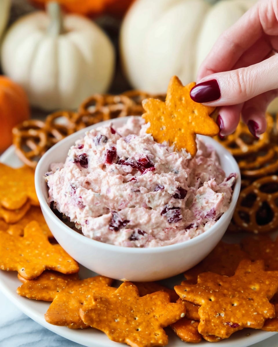 A white bowl filled with chunky, light pink dip that has bits of red and dark purple mixed in, giving it a textured look; on top of the dip, small red pieces add contrast. A woman's hand with dark red nail polish is holding a bright orange, leaf-shaped chip dipped into the bowl. Surrounding the bowl are more orange leaf-shaped chips and some light brown pretzel chips on a white marbled surface. In the background, there are blurred pale white pumpkins, adding a soft and cozy feel to the scene. Photo taken with an iphone --ar 4:5 --v 7