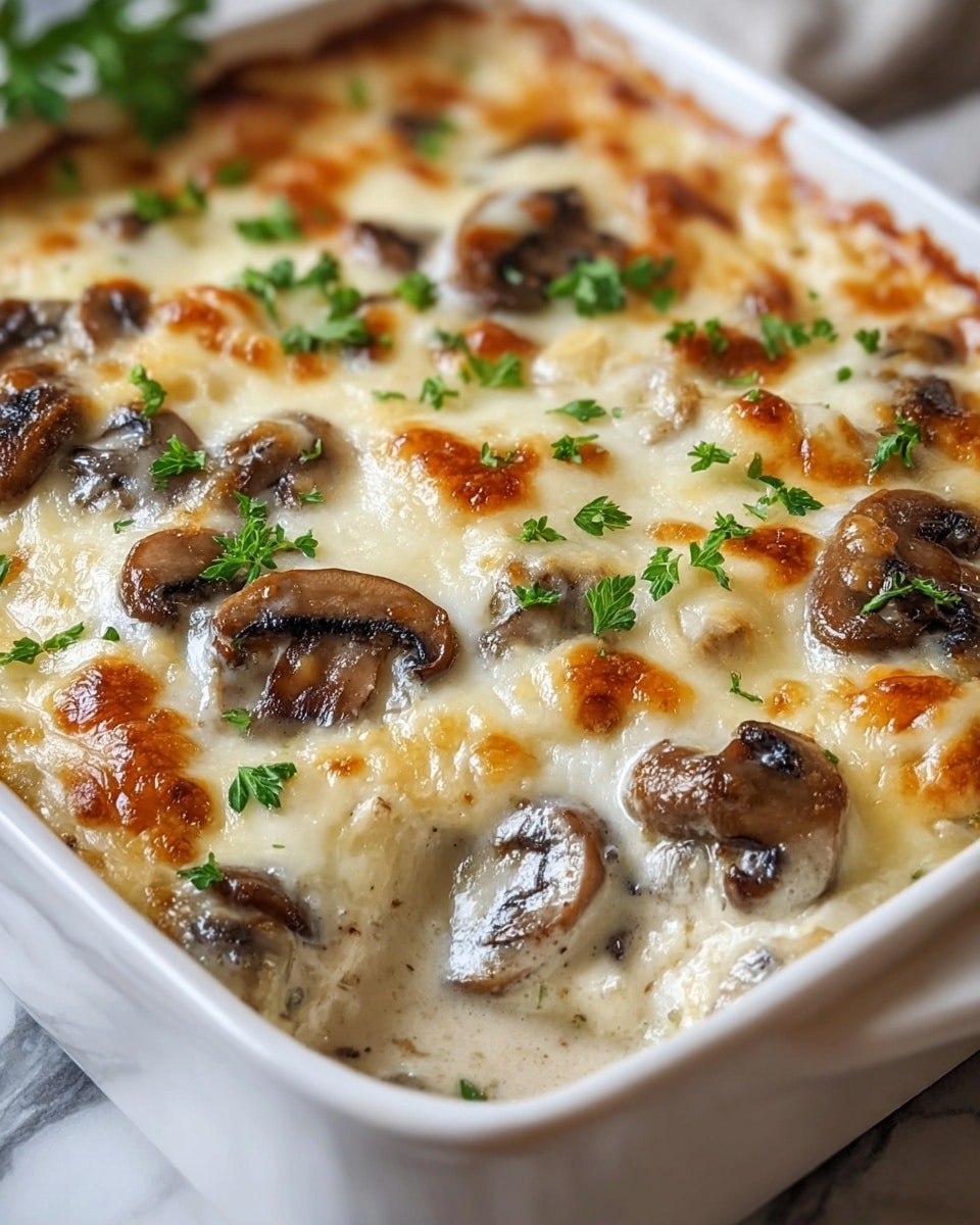 The image shows a white baking dish filled with a creamy, baked mushroom casserole. The top layer is golden-brown melted cheese with some bubbly, slightly browned spots. Underneath the cheese, there are browned mushroom slices scattered throughout a smooth, creamy white sauce. The casserole is garnished with small green parsley leaves sprinkled evenly across the top. The baking dish sits on a white marbled surface. Photo taken with an iphone --ar 4:5 --v 7