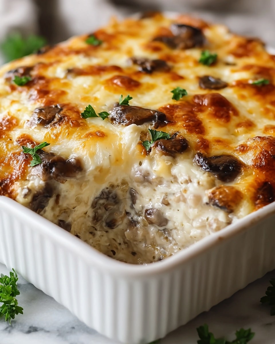A close-up view of a white square dish filled with a baked cheesy mushroom casserole, showing two main layers: the bottom layer is a creamy mixture with small dark brown mushrooms, textured and thick, while the top layer is a golden-brown melted cheese with both smooth and bubbly spots, sprinkled with small green parsley leaves for color contrast. The dish is placed on a white marbled surface, with soft natural lighting highlighting the shiny and gooey melted cheese texture. photo taken with an iphone --ar 4:5 --v 7