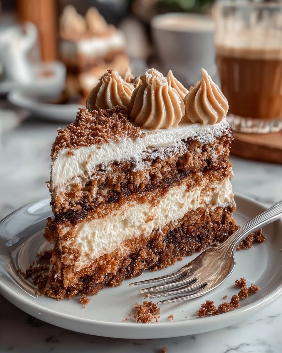A slice of cake with three layers sits on a white plate with a fork next to it; the bottom and middle layers are brown and crumbly, likely chocolate or coffee cake, separated by a thick white cream layer in the middle. The top layer is a smooth white frosting with dollops of light brown frosting piped on top, sprinkled with powdered sugar and crumbled brown bits scattered over the frosting and plate. The background is softly blurred, showing another cake slice and a glass of drink on a white marbled surface. photo taken with an iphone --ar 4:5 --v 7