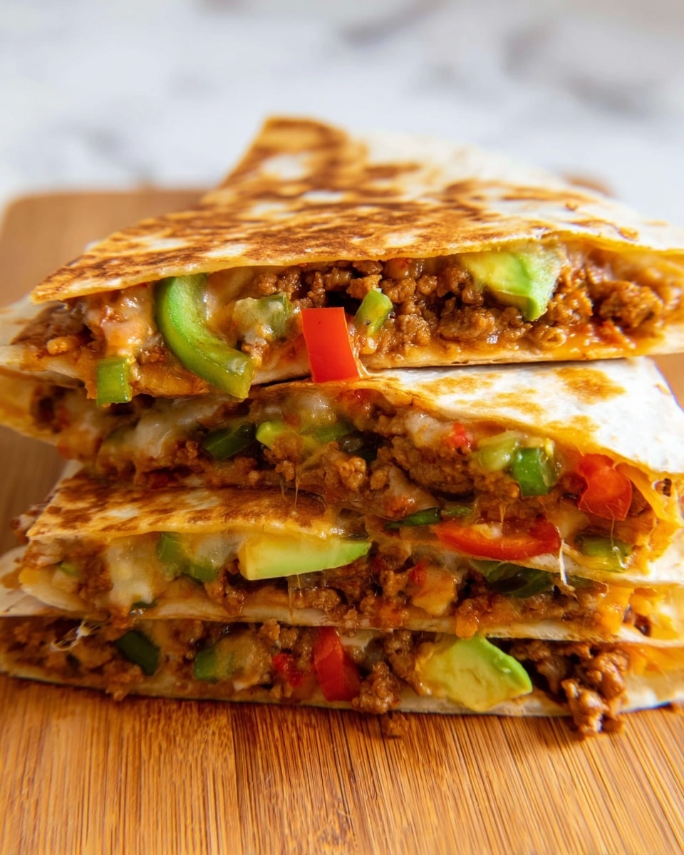 The image shows a close-up of a stack of three folded quesadilla pieces on a wooden board with a white marbled background. Each quesadilla layer has a lightly toasted, golden-brown tortilla with melted cheese stretching slightly between layers. Inside, there is a filling of finely chopped cooked meat mixed with small chunks of green bell peppers, red bell peppers, and diced avocado, adding touches of green and red to the warm brown tones of the meat. The layers are juicy and packed, giving a hearty and colorful look. Photo taken with an iphone --ar 4:5 --v 7