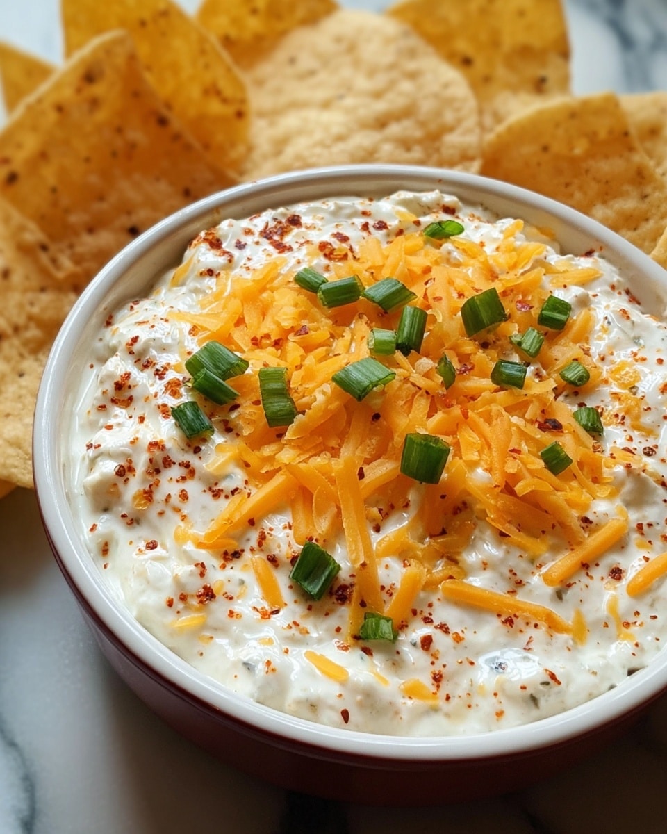 A close-up of a white bowl filled with creamy white dip that has a textured surface, sprinkled with bright orange shredded cheese and small green chopped scallions. Light red spices are scattered over the top, adding tiny spots of color. Behind the bowl, there are many light brown tortilla chips with small dark spots leaning casually against each other. All is set on a white marbled surface. photo taken with an iphone --ar 4:5 --v 7