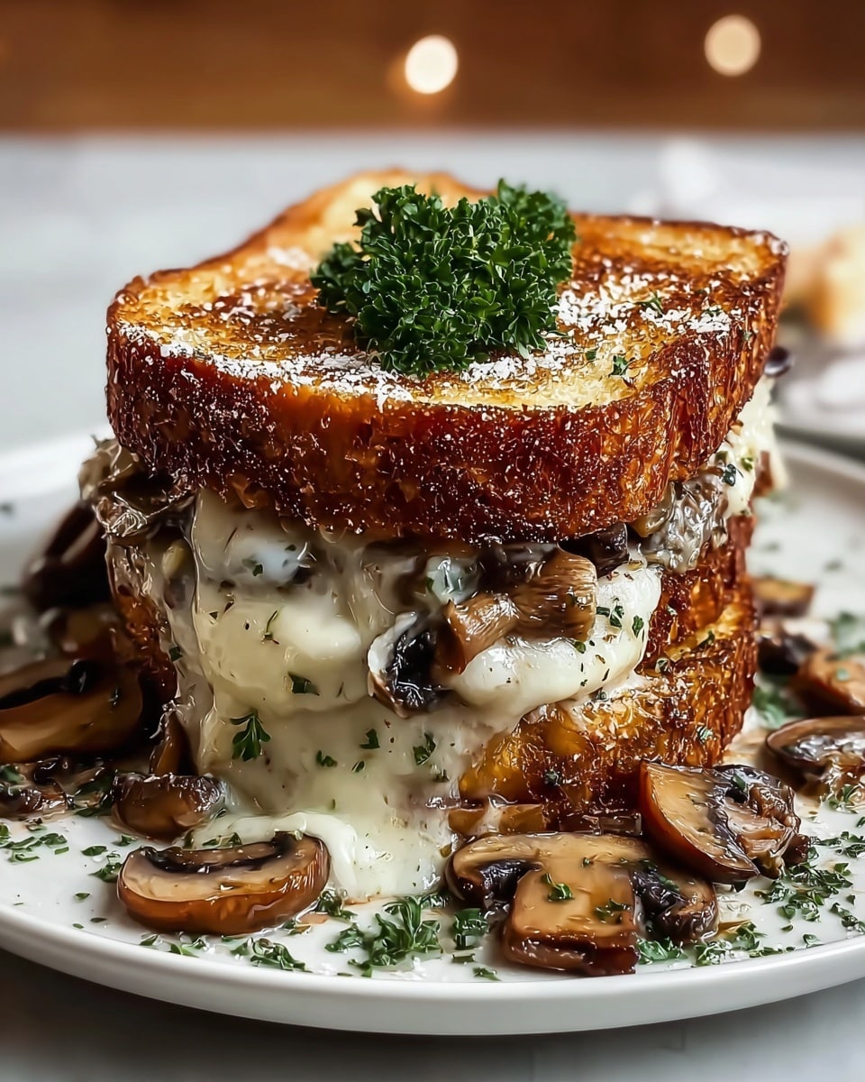 A thick sandwich features two golden brown toasted bread slices with a crispy texture on top and bottom layers. Between the slices, there is a thick layer of melted white cheese that oozes out, mixed with cooked brown mushroom slices scattered generously inside and around the sandwich on a white plate with some green herbs sprinkled on top of the sandwich. The top slice of bread is garnished with a small bunch of fresh green parsley, adding a splash of color. The setting is on a white marbled surface with soft, warm lighting. Photo taken with an iphone --ar 4:5 --v 7