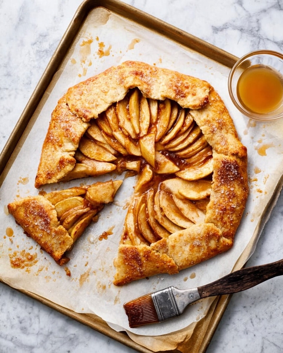 A rustic apple galette is placed on a baking tray lined with parchment paper, resting on a white marbled texture. The galette has a single thick crust layer folded around the edges, showing a golden-brown, slightly rough and flaky texture with some sugar crystals on it. Inside the crust is a layer of thinly sliced apples arranged in a spiral pattern, with a warm caramel color and a dusting of cinnamon or spice, appearing soft and cooked. One triangular slice is cut and slightly pulled out from the galette. Next to it on the tray is a small glass bowl with light amber glaze or sauce, and a wooden brush with a dark bristle end resting beside the bowl. A metal spatula with a wooden handle lies to the side of the galette. Photo taken with an iphone --ar 4:5 --v 7