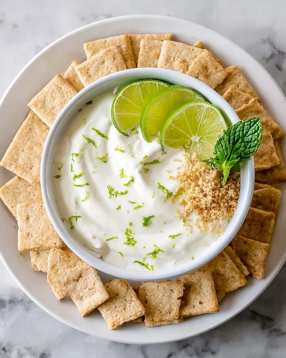 The image shows a white bowl filled with smooth, creamy white dip sitting in the middle of a white plate. Around the bowl, there is a ring of light brown square crackers evenly spaced. On top of the dip, there are crushed pieces of light brown crackers on one side, two thin, green lime slices leaning against the edge, and a small bunch of fresh, dark green mint leaves next to the limes. Scattered on the dip are small flecks of green lime zest. The whole setup is placed on a white marbled surface. photo taken with an iphone --ar 4:5 --v 7