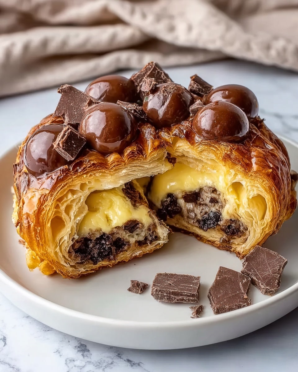 A square-shaped croissant pastry sits on a white plate with a white marbled texture surface underneath. The croissant is golden-brown and flaky on the outside with visible layers of crisp pastry. The top is scattered with dark chocolate chips, melting slightly. Inside, you can see thick layers of rich, melted dark chocolate along with light caramel filling, showing a gooey and creamy texture. The layers inside the croissant look soft and moist, contrasting with the crispy outer crust. photo taken with an iphone --ar 4:5 --v 7