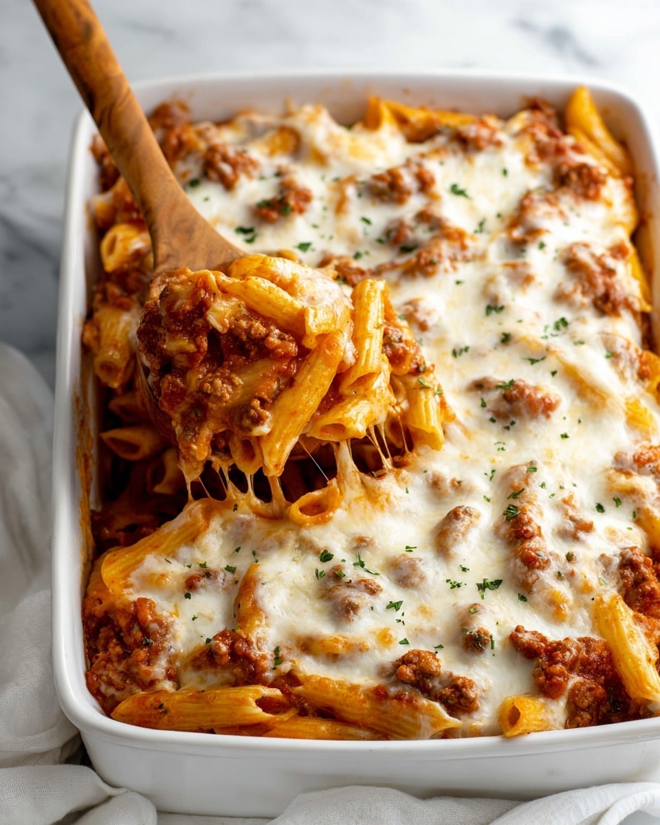 A white rectangular dish filled with baked penne pasta covered with melted white cheese sprinkled with green herbs on top; the pasta is mixed with a rich red tomato sauce and chunks of ground meat, visible in layers beneath the cheese; a wooden spoon is lifting a portion from the right side, showing the saucy pasta underneath; the dish is placed on a white marbled surface with a bunch of fresh green parsley on the left and a light beige cloth on the right; photo taken with an iphone --ar 4:5 --v 7
