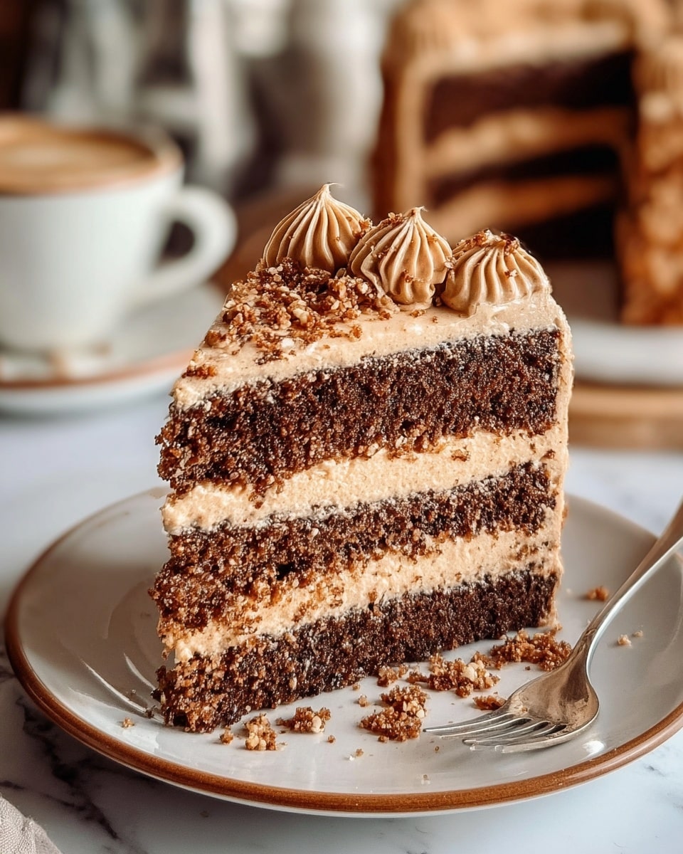 A slice of three-layer chocolate cake sits on a white plate with a brown rim, showing crumbly dark brown cake layers separated by light brown creamy frosting. The top layer is covered with smooth light brown frosting decorated with swirled dollops and sprinkled with small crunchy bits and powdered sugar. Crumbs are scattered on the plate near a silver fork on the right. In the blurred background, the rest of the cake and a cup of coffee are visible on a white marbled surface. Photo taken with an iphone --ar 4:5 --v 7