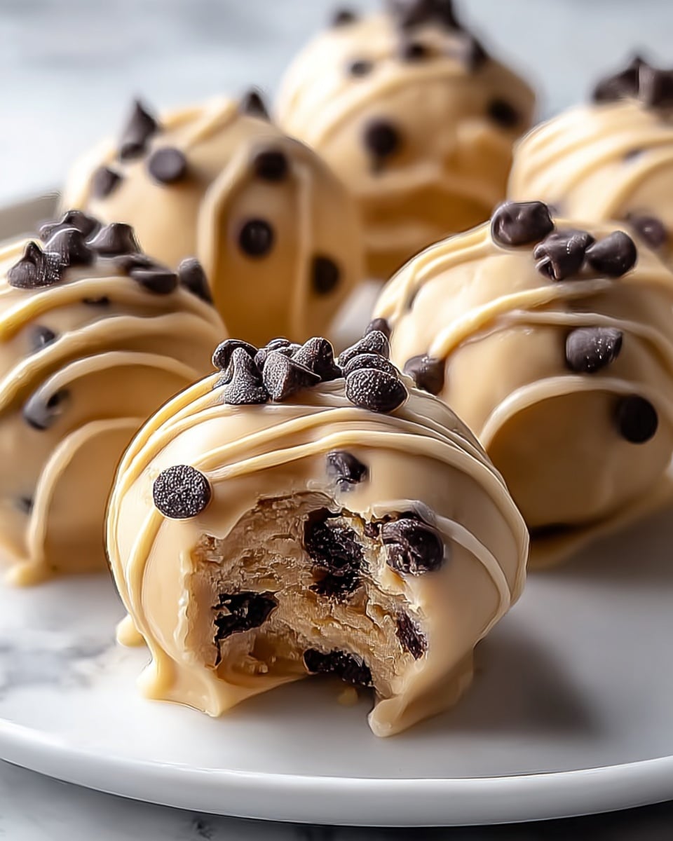 Close-up of several round cookie dough balls covered in light brown dough, each decorated with many dark brown smooth chocolate chips embedded and scattered on the surface. A few thin lines of the same light brown dough are drizzled on top, creating a textured look. The cookie dough balls are placed closely together on a white marbled surface, giving a soft but slightly shiny appearance. The focus is on the front cookie dough ball with the others blurred slightly in the background. photo taken with an iphone --ar 4:5 --v 7