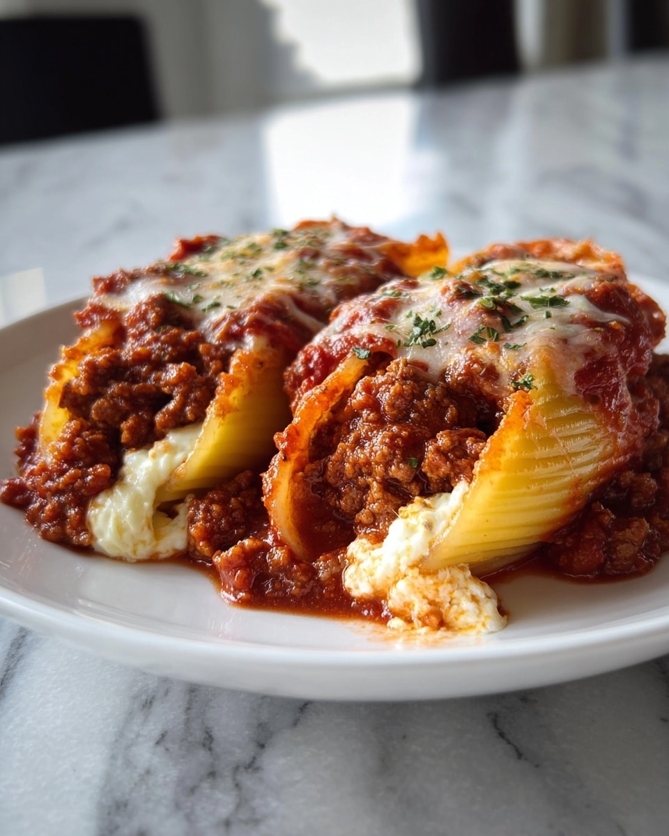 Two rolled pasta shells filled with a layer of creamy white cheese at the bottom, topped with a thick layer of cooked minced meat inside, all covered in rich red tomato sauce with melted mozzarella cheese spread on top and lightly sprinkled with herbs; the dish sits on a plain white plate placed on a white marbled surface. photo taken with an iphone --ar 4:5 --v 7
