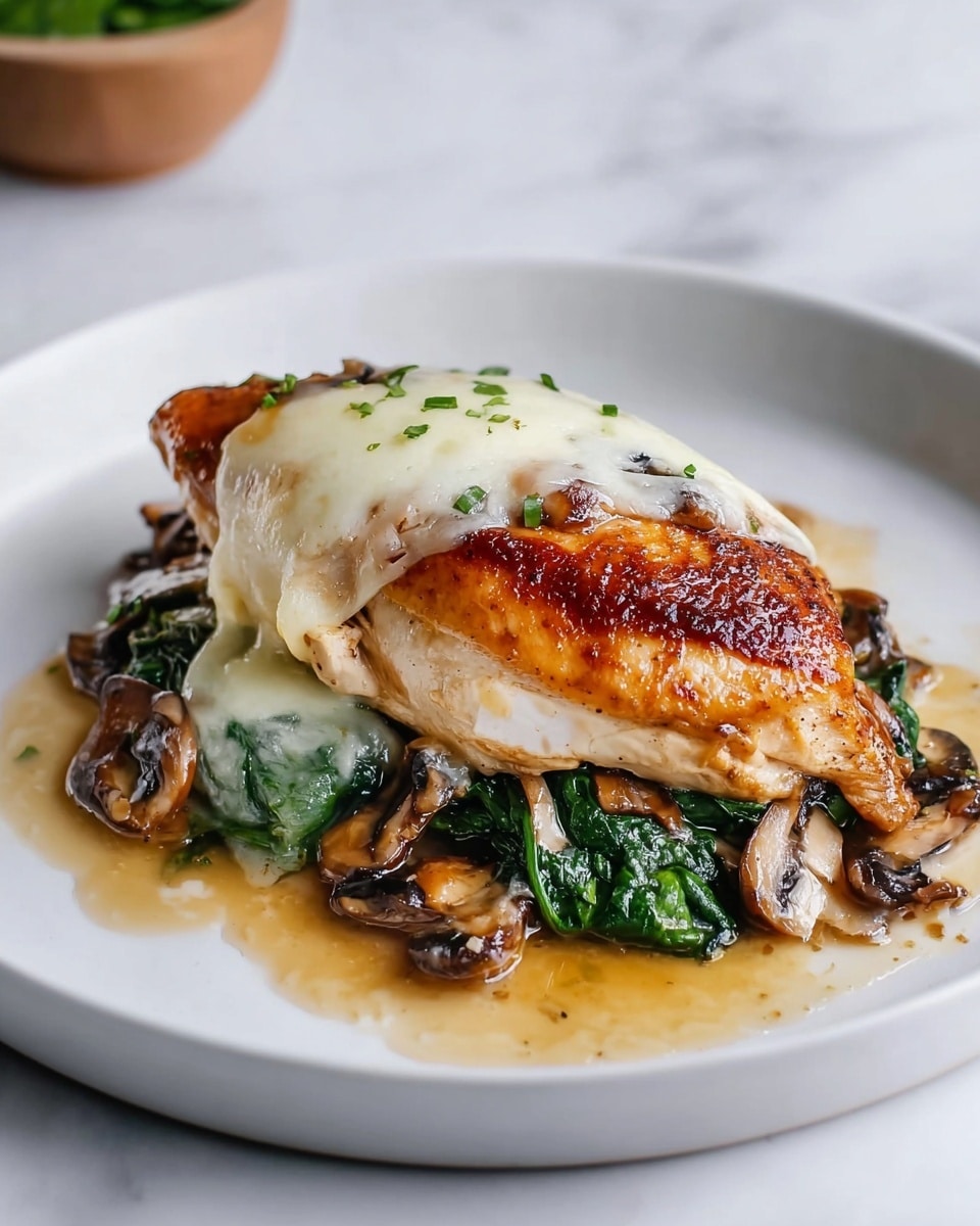 Two golden-brown roasted chicken breasts with crispy skin are placed side by side in a black pan. Each breast is topped with melted white cheese that drapes slightly over the sides, along with browned sliced mushrooms and bits of green herbs scattered around. The pan rests on a white cloth over a white marbled surface. The chicken looks juicy with a slight shine, and the mushrooms have a soft, sautéed texture. photo taken with an iphone --ar 4:5 --v 7