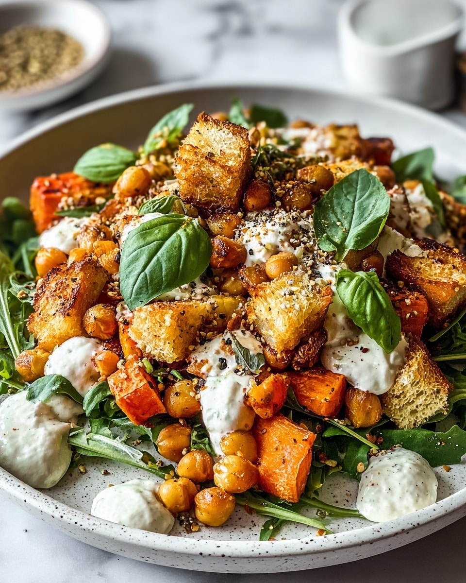 This dish is served on a white plate and shows a colorful mix of roasted vegetables and greens. The bottom layer has green peas and fresh leafy greens with a rich dark green color and fresh texture. On top, there are small, bright orange roasted carrot pieces and golden brown roasted cauliflower bits with a crispy texture. Scattered among these are crunchy-looking, golden chickpeas and some browned crouton-like pieces. Creamy white sauce is drizzled over the top, adding a smooth texture contrast, and a dark spice powder is sprinkled over everything for extra color and detail. The background is a white marbled texture. photo taken with an iphone --ar 4:5 --v 7