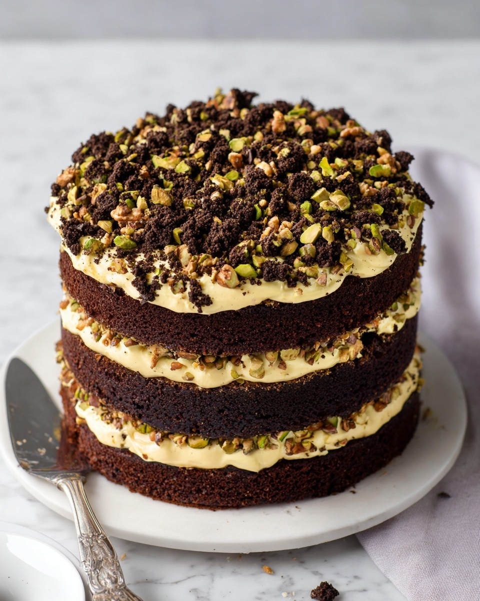 A tall cake with four thick dark brown chocolate sponge layers, each separated by layers of light green creamy pistachio frosting and smooth milk chocolate spread. Small crushed pistachio nuts and chunks of dark chocolate crumble decorate the top layer, adding texture and a mix of green and dark brown colors. The cake sits on a white plate atop a white marbled surface, with a few scattered pistachios nearby and a silver cake server placed beside it. Photo taken with an iphone --ar 4:5 --v 7