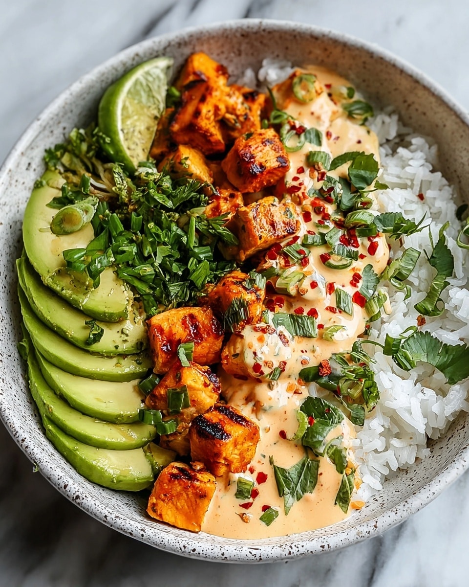 A white speckled bowl holds a colorful layered dish arranged in sections. One layer has soft white rice with scattered green herb leaves on top. Next to the rice, there are bright orange, slightly charred grilled chicken pieces in small cubes, each topped with green herb leaves. On the left side, a fan of smooth avocado slices shows vibrant green shades. In the center, creamy light orange sauce with red chili flakes and green herbs is spread, partially covering the avocado and touching the chicken. The bowl sits on a white marbled surface. Photo taken with an iphone --ar 4:5 --v 7