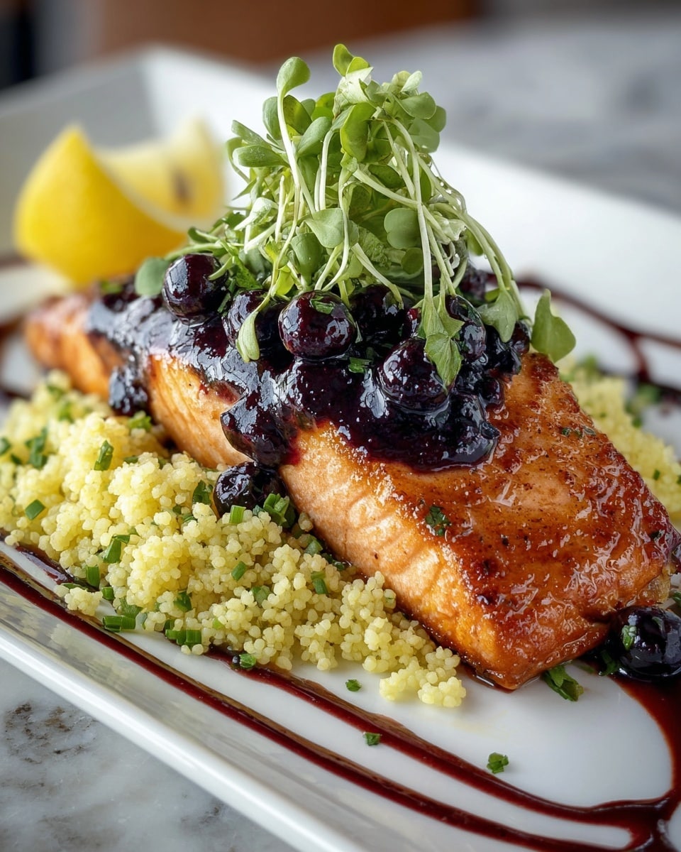 A nicely cooked piece of salmon with a shiny dark berry sauce on top is placed on a bed of light yellow couscous with small green herb bits mixed in. On top of the salmon, there are fresh green sprouts piled up along with whole dark blueberries that glisten in the light. To the left on the white rectangular plate, there is a bright yellow lemon wedge. Around the couscous and salmon, thin lines of the same dark berry sauce decorate the plate. The surface below the plate is a white marbled texture. photo taken with an iphone --ar 4:5 --v 7