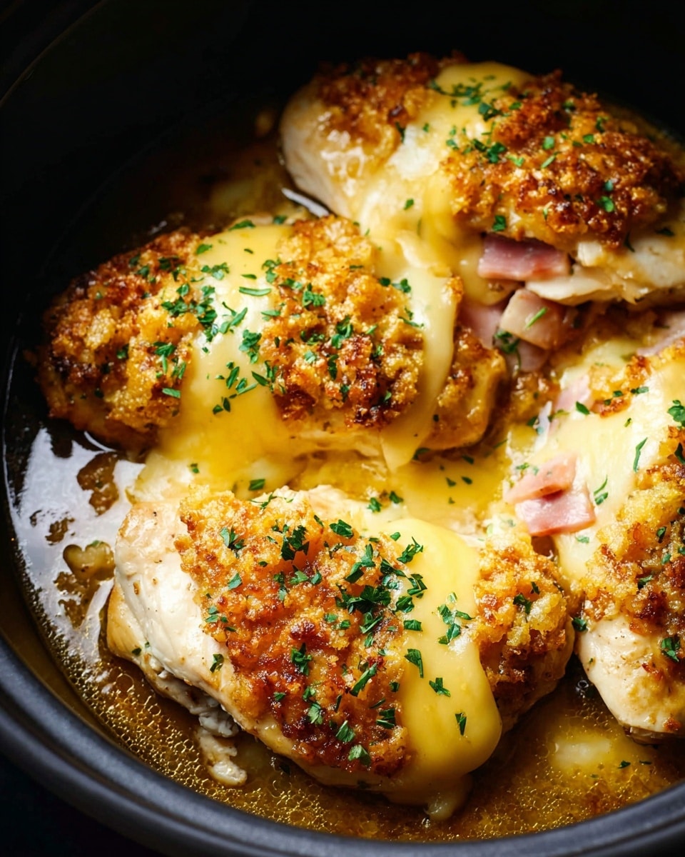 The image shows several chicken breasts layered with pale pink pieces of ham underneath, topped with a shiny melted yellow cheese layer, and sprinkled with golden-brown toasted breadcrumbs and green chopped herbs scattered on the top. The chicken and toppings sit in a black cooking pot filled partially with light brown juices around the edges, creating a warm, cooked look. The textures range from soft and melted on the cheese to crispy and crumbly on the breadcrumbs. photo taken with an iphone --ar 4:5 --v 7