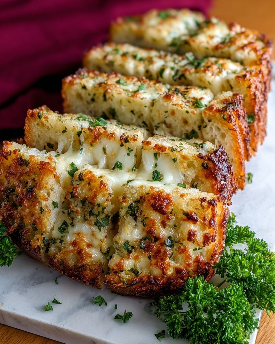 The image shows four thick slices of golden brown cheesy garlic bread arranged neatly on a white wooden board, revealing multiple layers of melted white cheese oozing between light golden toasted bread layers with green herb specks. The bread edges are crispy and slightly charred, while the cheese is bubbly with some browned spots, topped with finely chopped parsley scattered all over. A small bunch of fresh parsley sits beside the bread on the board, which rests on a white marbled textured surface with a deep burgundy cloth in the blurred background. Photo taken with an iphone --ar 4:5 --v 7