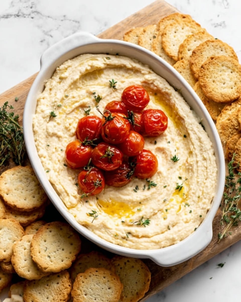 The image shows a white oval bowl filled with creamy, light beige hummus with a smooth, swirled texture. On top, there is a small pile of shiny, bright red cherry tomatoes with a few sprigs of green thyme. The bowl sits on a wooden board, surrounded by round beige crackers and slices of toasted bread. The background has a white marbled surface. Photo taken with an iphone --ar 4:5 --v 7