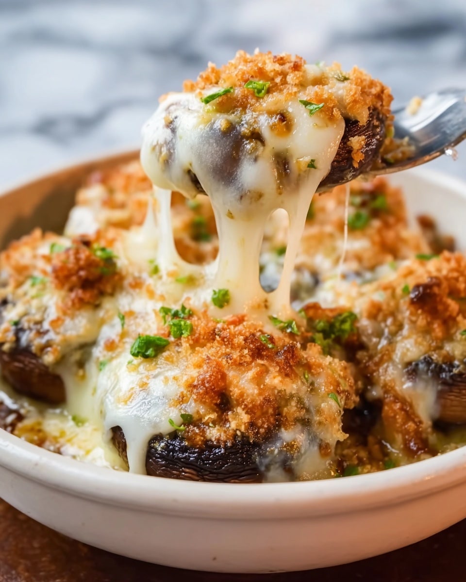 The image shows a close-up of baked stuffed mushrooms in a white bowl. Each mushroom has a dark brown base and is covered by a thick layer of melted white cheese that drips down the sides. On top of the cheese, there is a golden orange layer of crispy, toasted cheese bits sprinkled with small green herb pieces. The mushrooms sit in a pool of creamy, light-colored sauce, adding a rich texture around them. In the background, a silver fork is partially visible, placed among the mushrooms. The scene is set on a white marbled texture, giving a clean and bright look. photo taken with an iphone --ar 4:5 --v 7