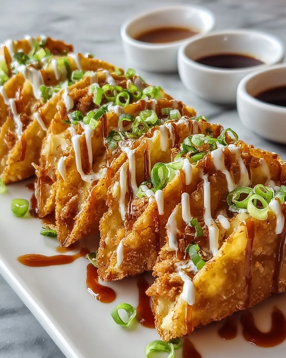 The image shows a white rectangular plate with six golden-brown fried tacos standing upright in a row. Each taco shell looks crispy and bubbly, filled with a textured mix of what appears to be chicken or meat inside. The tacos are drizzled with two sauces: a creamy white sauce and a reddish-brown sauce, both applied in thin stripes across the top. Green onion slices are sprinkled over the tacos, adding bright green color and freshness. In the background, there are two small white bowls, each filled with a different dipping sauce, all placed on a white marbled surface. photo taken with an iphone --ar 4:5 --v 7