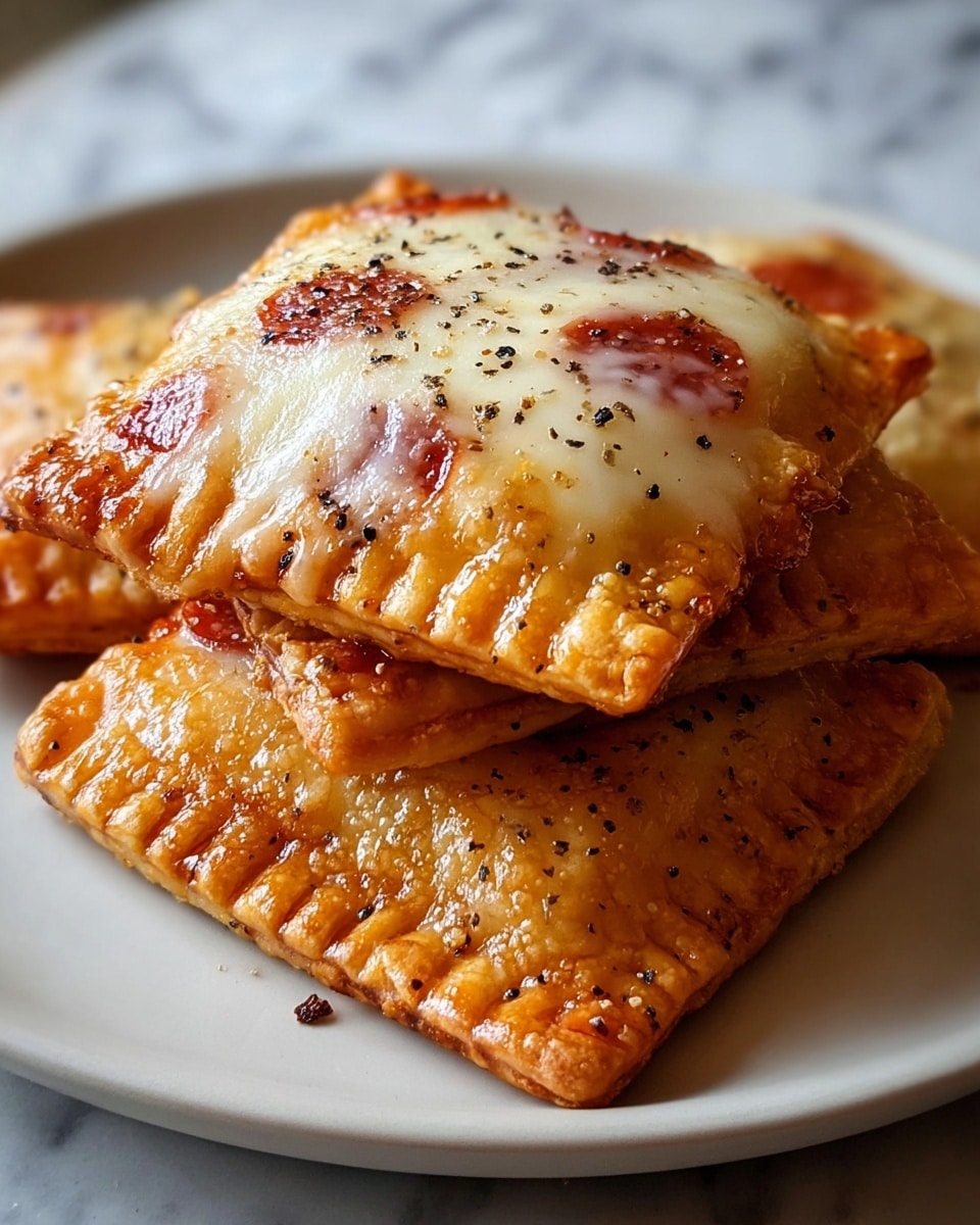 Three square-shaped pastries are stacked on a simple white plate, each with a golden-brown, crispy crust that has visible tiny bubbles and edges crimped with a fork pattern. The top pastry is covered with melted white cheese that is bubbly and slightly browned, with small pieces of pepperoni peeking through underneath. Black specks of seasoning are scattered over the cheese, adding texture and contrast. The background shows a soft, out-of-focus white marbled texture surface. photo taken with an iphone --ar 4:5 --v 7