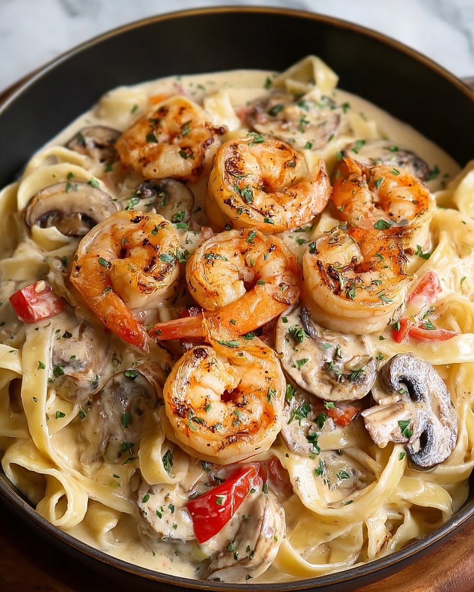 A close-up view of a black pan filled with creamy pasta layered at the base with smooth, creamy sauce coating wide fettuccine noodles in a light beige color. On top, there are several pink-orange cooked shrimp with visible char marks, placed evenly around sliced brown mushrooms that have a glossy, cooked texture. Among the shrimp and mushrooms, small pieces of red bell pepper add a pop of bright red color. The dish is sprinkled with finely chopped green herbs, giving it a fresh look. The scene is set on a white marbled texture, creating a clean, bright background. photo taken with an iphone --ar 4:5 --v 7