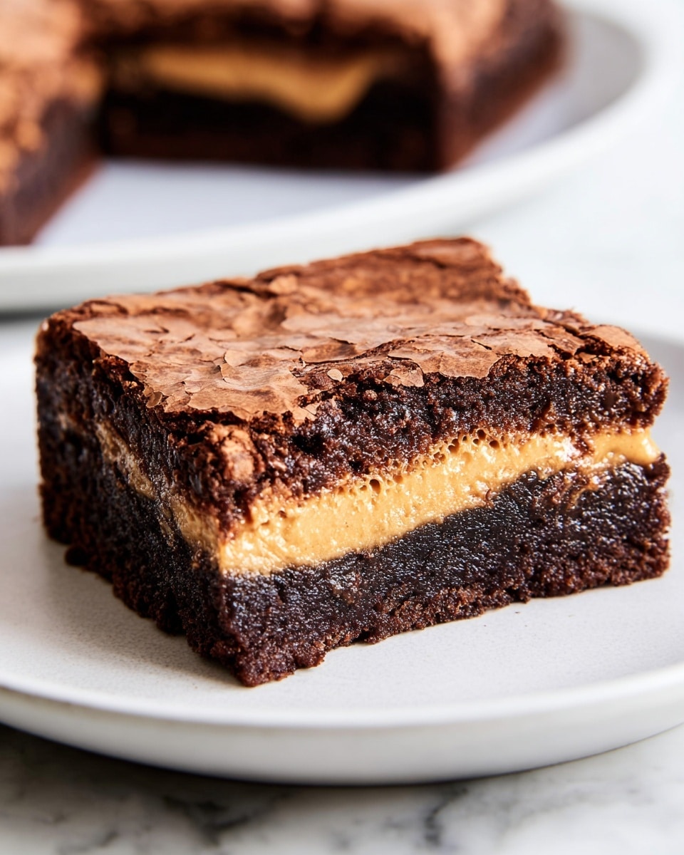 A square brownie with two visible layers is placed on a white plate set on a white marbled surface. The bottom layer is dark brown and moist with a soft, rich texture, while the top layer is a lighter brown with a cracked, slightly crisp surface. Between these two layers, there is a thick, creamy light brown filling, smooth in texture, sandwiched evenly. A small bite is taken out of the front edge, revealing the different textures clearly. Photo taken with an iphone --ar 4:5 --v 7