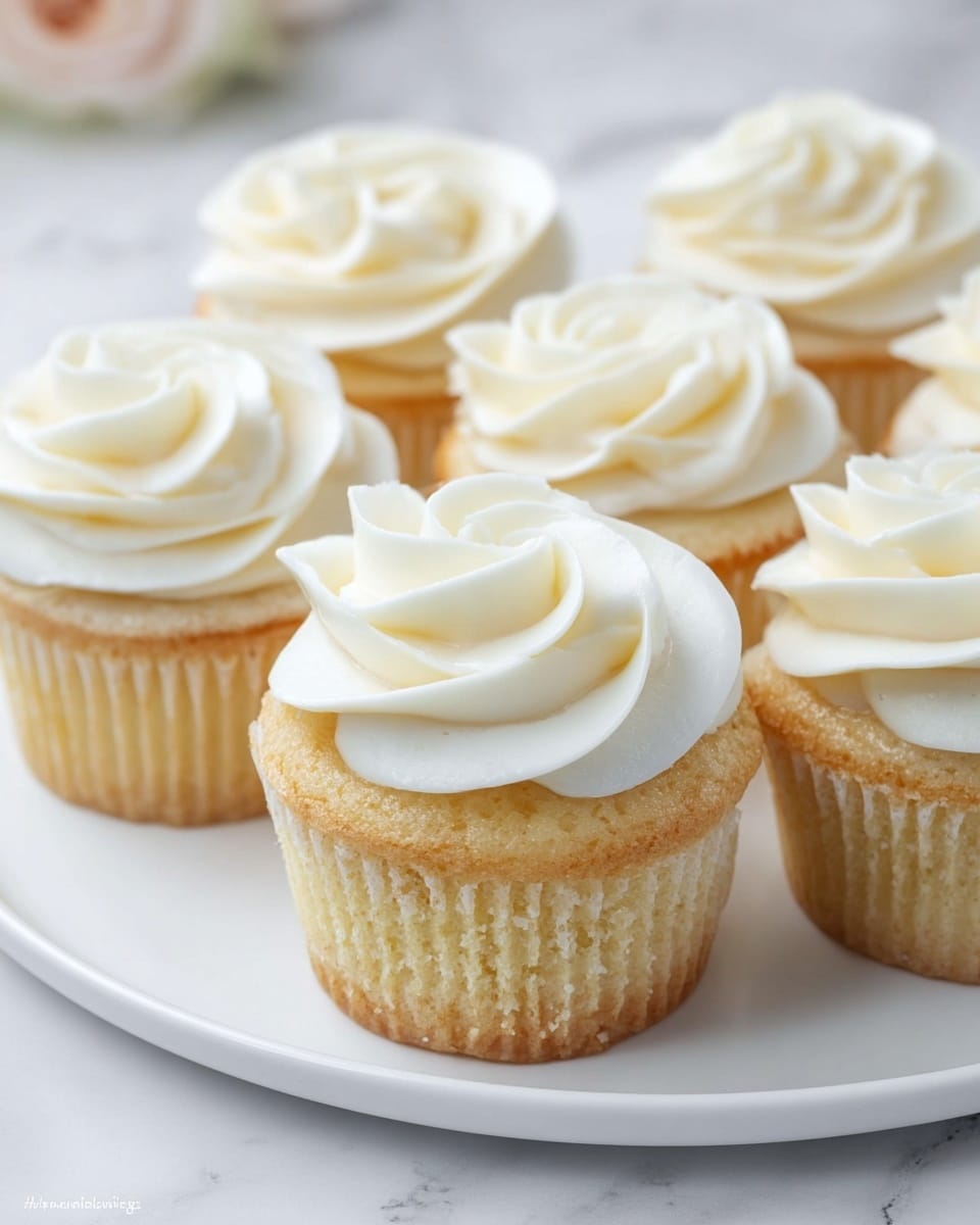 The image shows a white plate with one cupcake cut in half, revealing its soft, light yellow crumb interior. The cupcake has two layers: the bottom vanilla cake layer with a slightly golden edge and the top white, fluffy, and creamy frosting swirled smoothly. A silver fork on the plate holds a bite-sized piece of the cupcake with frosting on top. In the background, there is a white plate with several whole cupcakes topped with the same white frosting, all set on a white marbled surface. photo taken with an iphone --ar 4:5 --v 7