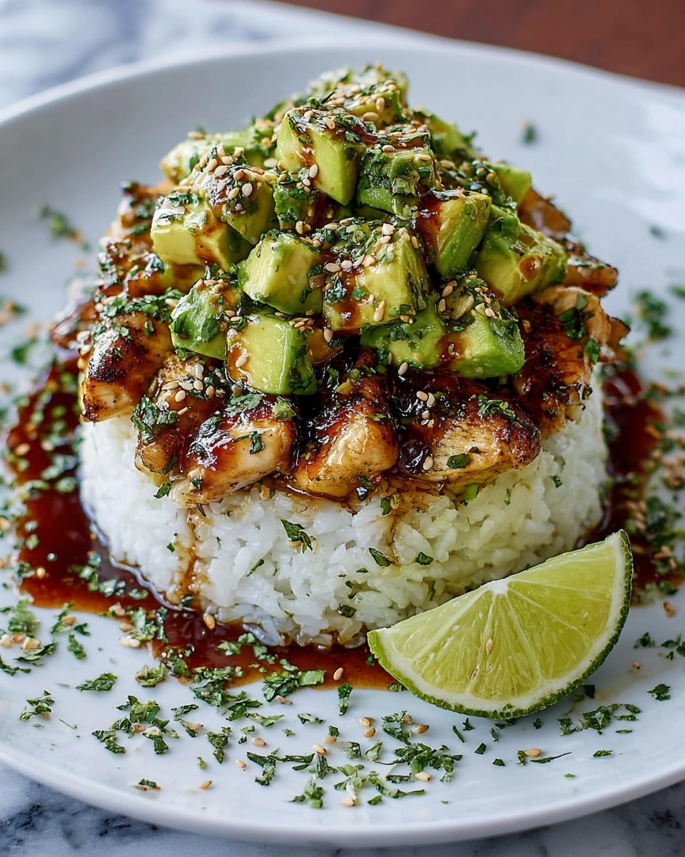 A round mound of white cooked rice forms the base layer, topped with pieces of golden-brown grilled chicken arranged evenly around the middle layer. The top layer consists of chunky green avocado cubes mixed with chopped herbs, all drizzled with a dark, glossy sauce that pools slightly on the white plate. A wedge of lime rests on the side, and small bits of herbs and sesame seeds scatter around the plate, all set against a white marbled texture. photo taken with an iphone --ar 4:5 --v 7
