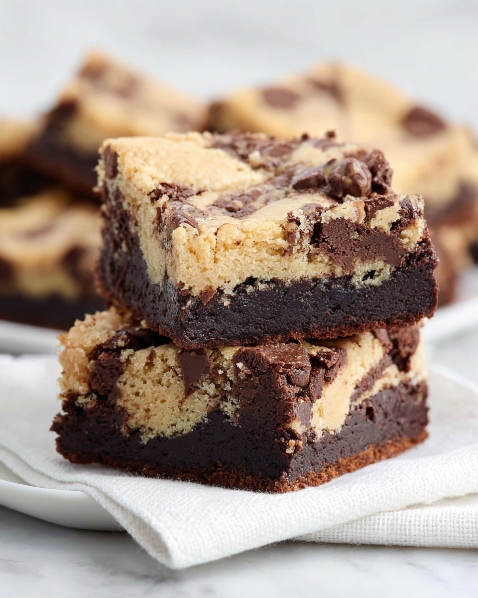 The image shows a stack of three layered blondie-brownie bars on a white cloth napkin placed on a round metal tray. Each bar has two distinct layers: the bottom layer is a dark, fudgy brownie with a rich, moist texture, and the top layer is a lighter blondie, studded with chocolate chips and having a soft, crumbly texture. The bars are thick and square-shaped, with clear separation between the layers, and extra chocolate chips are scattered nearby on a white marbled surface. A blurred milk bottle is seen in the background. photo taken with an iphone --ar 4:5 --v 7