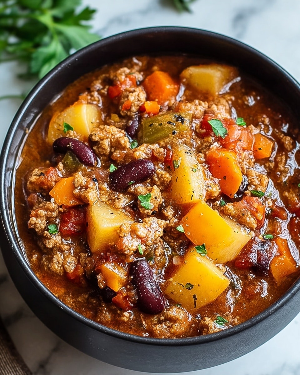 The image shows a close-up of a stew inside a white bowl with a black rim, set on a white marbled surface. The stew has several layers and textures: at the base, there is a thick reddish-brown sauce, followed by chunky pieces of yellow potatoes and orange carrots scattered throughout. There are also pieces of ground meat mixed in, which have a crumbly texture and light brown color. Red kidney beans and small bits of celery add darker and green tones spread evenly in the stew. Fresh green chopped herbs are sprinkled on top, adding a bright contrast to the warm colors of the stew. A silver spoon is partially visible resting on the edge of the bowl. Photo taken with an iphone --ar 4:5 --v 7