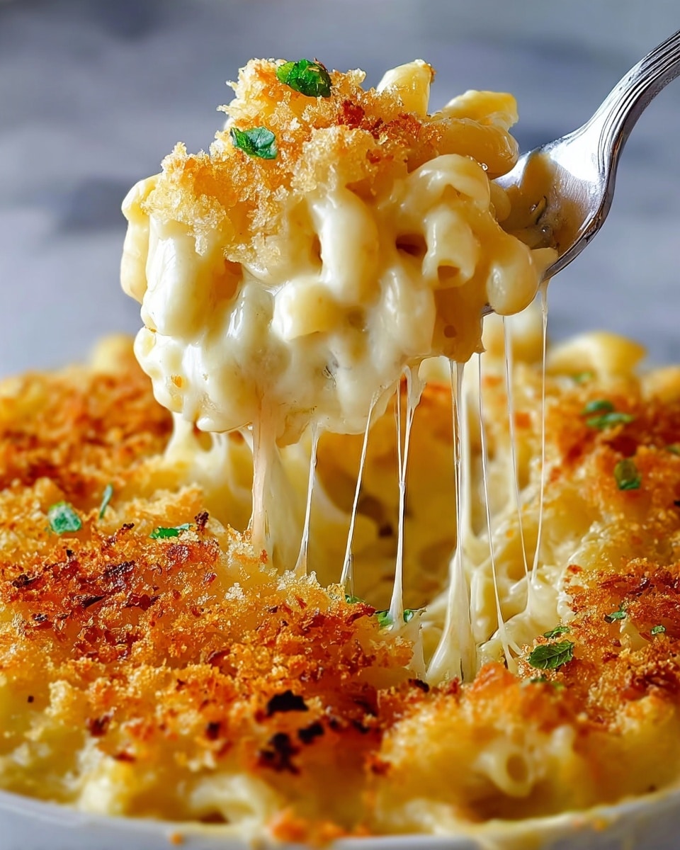 A close-up of creamy macaroni and cheese showing a scoop being lifted by a silver fork, revealing two layers: the bottom layer is soft, pale yellow elbow macaroni mixed evenly with melted cheese, and the top layer is a golden brown, crispy breadcrumb crust with slight orange hints, adding texture. The cheese is stretchy, pulling thin strings from the scoop to the main dish. The dish sits on a white marbled surface, with small green herb pieces sprinkled on top near the edges. The photo taken with an iphone --ar 4:5 --v 7
