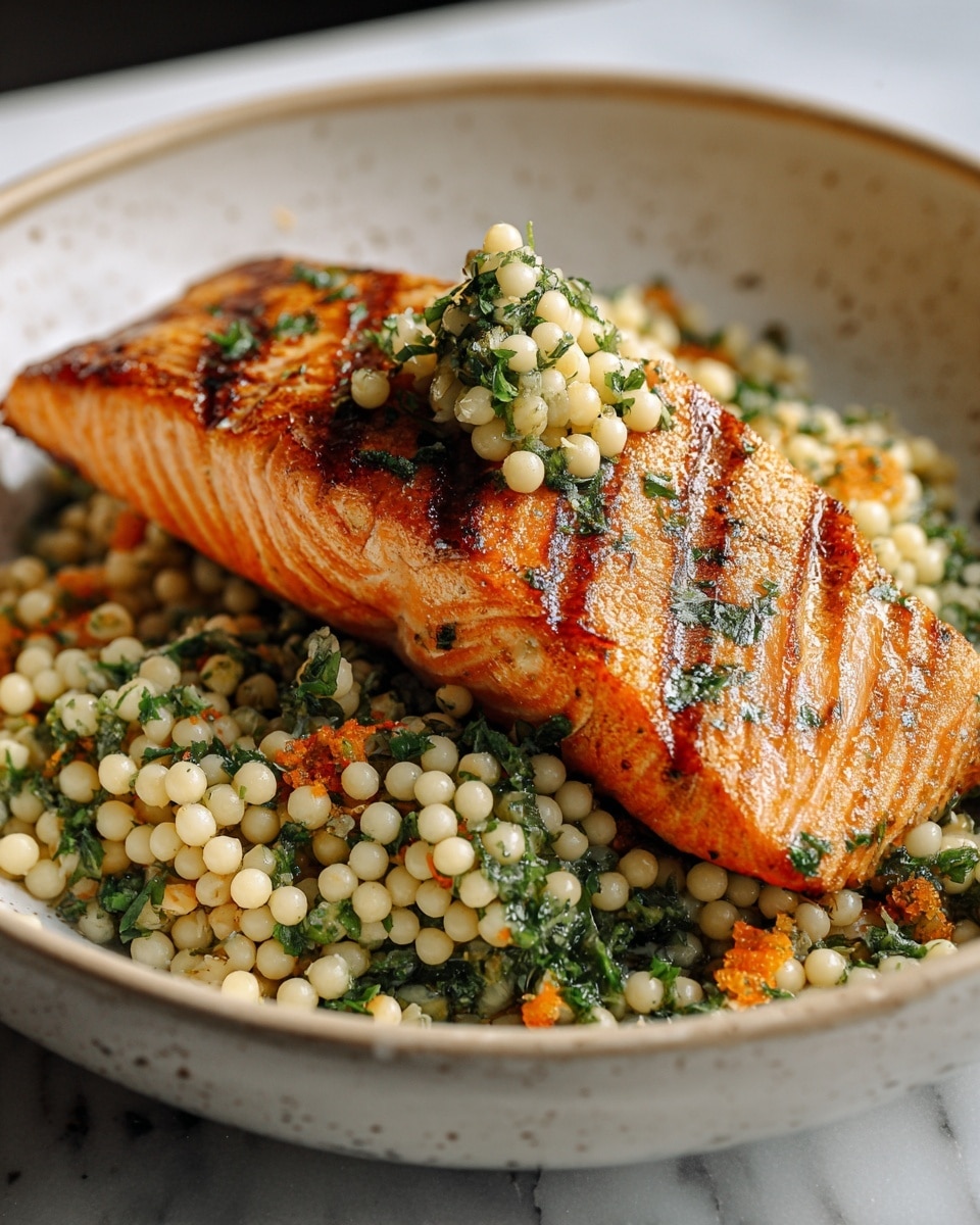 A white bowl contains a dish with two main layers; the bottom layer is small, round, pale yellow couscous mixed with chopped green herbs and small orange carrot pieces. On top of this is a grilled salmon fillet with a golden brown, slightly crispy skin and pinkish-orange flesh. The salmon is sprinkled with chopped green herbs and garnished with some couscous and herbs on top, creating a fresh and vibrant look. The bowl sits on a white marbled surface. photo taken with an iphone --ar 4:5 --v 7