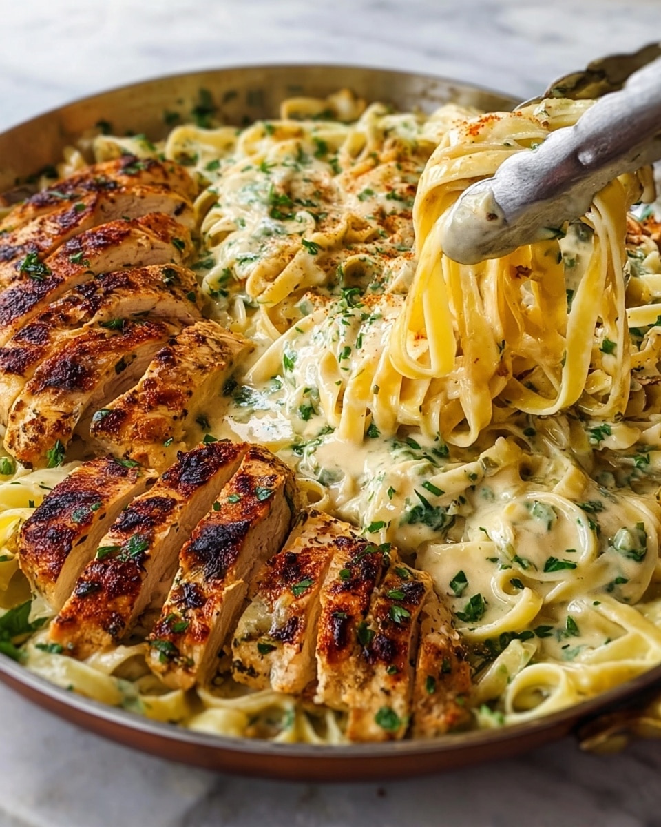 The image shows a close-up of a pan filled with creamy fettuccine pasta covered in rich white sauce with green herbs sprinkled evenly throughout. On top, there are two rows of grilled chicken breast slices with a golden-brown, slightly charred crust, adding texture and warmth to the dish. A pair of metal tongs is lifting a portion of the noodles from the middle, showing the creamy sauce coating each strand and the scattered bits of herbs. The dish rests on a white marbled surface with blurred background elements, focusing entirely on the food. photo taken with an iphone --ar 4:5 --v 7