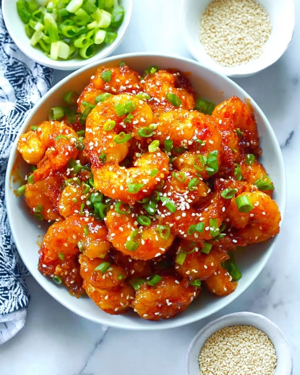 The image shows a white bowl filled with several pieces of golden-brown fried shrimp covered in a shiny orange sauce, each shrimp piece topped with small green onion slices and sprinkled with white sesame seeds. Around the bowl, there is a white bowl of sliced green onions and a smaller white bowl of sesame seeds on a white marbled surface. The shrimp pieces look crispy with a sticky, glossy texture from the sauce. The colors are bright with the orange sauce contrasting with the green onions and white sesame seeds, making the dish look fresh and flavorful. Photo taken with an iphone --ar 4:5 --v 7