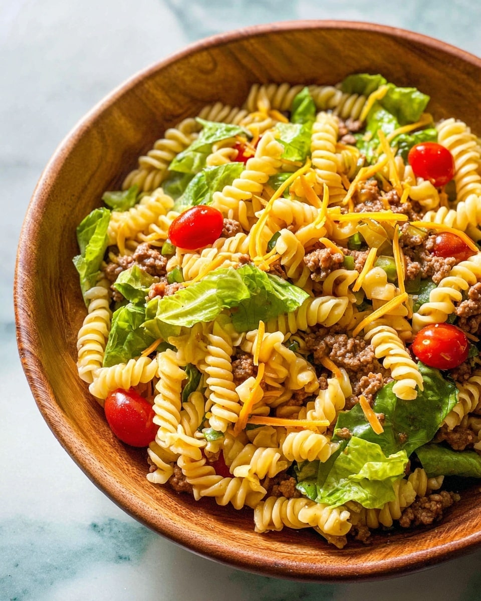 A wooden bowl sits on a white marbled surface, filled with a layered mix of rotini pasta, cooked ground meat, fresh green leafy lettuce, halved red cherry tomatoes, small diced green peppers, and thin shreds of orange cheese. The pasta is light yellow and twisted, mixed evenly with the green of the lettuce and peppers, the red of the tomatoes, and bits of brown meat throughout, creating a colorful and textured dish. Photo taken with an iphone --ar 4:5 --v 7