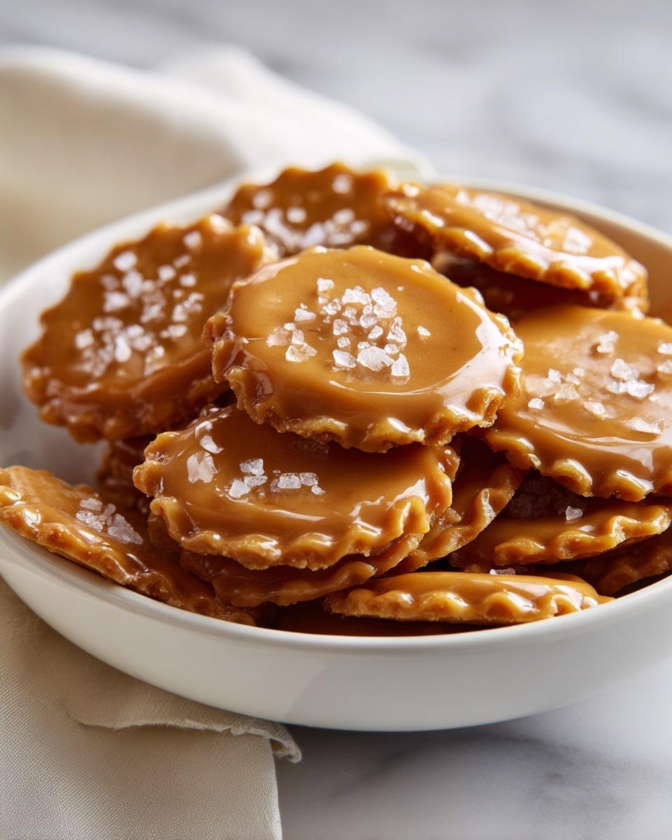 A white bowl filled with a pile of small round crackers covered with a shiny golden caramel glaze. Each cracker has a scalloped edge and is topped with coarse salt crystals. The crackers are stacked high in the bowl, showing their light brown color beneath the caramel. The bowl rests on a white marbled surface with a soft white cloth nearby. The background is blurred with warm tones. photo taken with an iphone --ar 4:5 --v 7