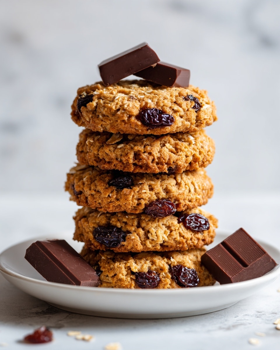A stack of four thick oatmeal cookies with dark raisins embedded, showing a rough and crumbly texture with visible oat flakes, sits centered on a white plate. Each cookie is golden brown with dark shiny raisins scattered evenly throughout. On top of the stack rests a piece of dark chocolate, and around the base on the plate are several separate chunks of dark chocolate, their smooth surfaces contrasting against the rough cookie texture. The scene is set against a white marbled textured surface, giving a clean and bright look. Photo taken with an iphone --ar 4:5 --v 7