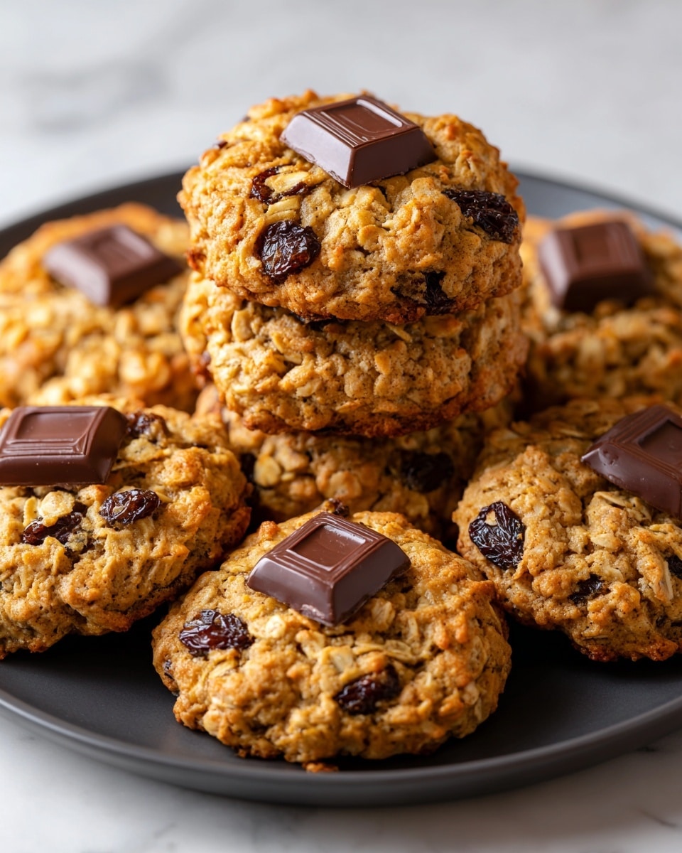 The image shows six oatmeal cookies with two stacked in the middle on a black plate placed on a white marbled surface. Each cookie is golden-brown with a rough, chunky texture from the oats and dark round raisins embedded throughout. On top of four cookies, there are small thick squares of dark chocolate, shiny and rich in color, placed centrally. The cookies have a slightly irregular shape, giving them a homemade look, and the scene is softly lit to highlight the textures clearly. Photo taken with an iphone --ar 4:5 --v 7